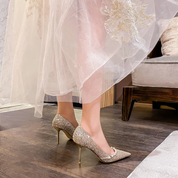 Sparkly Champagne Pearl Sequins Wedding Shoes 2022 Leather 8 cm Stiletto Heels Pointed Toe Wedding Pumps High Heels