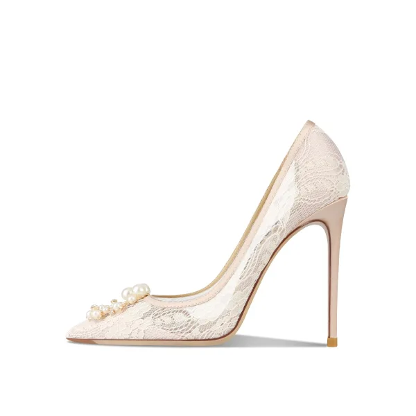Charming Nude Pearl Rhinestone Lace Wedding Shoes 2024 10 cm Stiletto Heels Pointed Toe Wedding Pumps High Heels