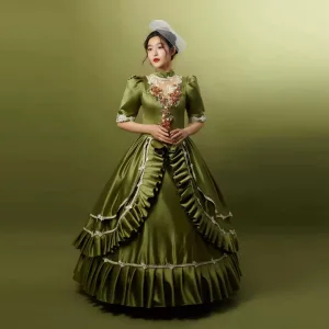 Vintage Retro Medieval Clover Green Prom Dresses 2024 3d Lace Pearl Embroidered Floral Floor Length Long High Neck 1 2 Sleeves A Line Princess Cosplay Ball Gown Prom
