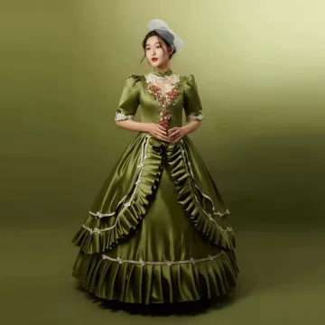 Vintage Średniowieczny Koniczyna Zielony Sukienki Na Bal 2024 Koronki 3d Perła Haftowane Kwiatowy Długie Wysokiej Szyi 1 2 Rękawy Princessa Cosplay Suknia Balowa Bal