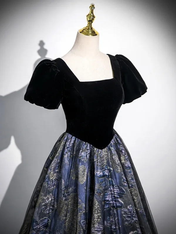 Vintage / Retro Black Printing Prom Dresses 2025 A-Line / Princess Square Neckline Puffy Short Sleeve Backless Floor-Length / Long Formal Dresses