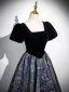 Vintage / Retro Black Printing Prom Dresses 2025 A-Line / Princess Square Neckline Puffy Short Sleeve Backless Floor-Length / Long Formal Dresses