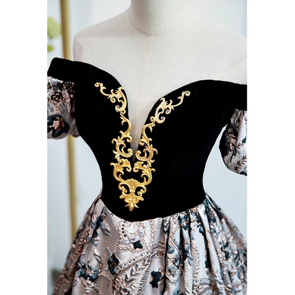 Elegant Black Printing Prom Dresses 2022 A-Line / Princess Off-The-Shoulder Puffy Short Sleeve Backless Floor-Length / Long Formal Dresses
