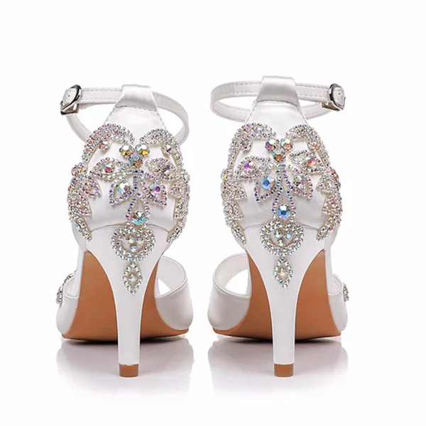 Schöne Weiß Strass Brautschuhe 2026 Knöchelriemen 8 cm Stilettos Peeptoes Hochzeit Sandaletten Hochhackige