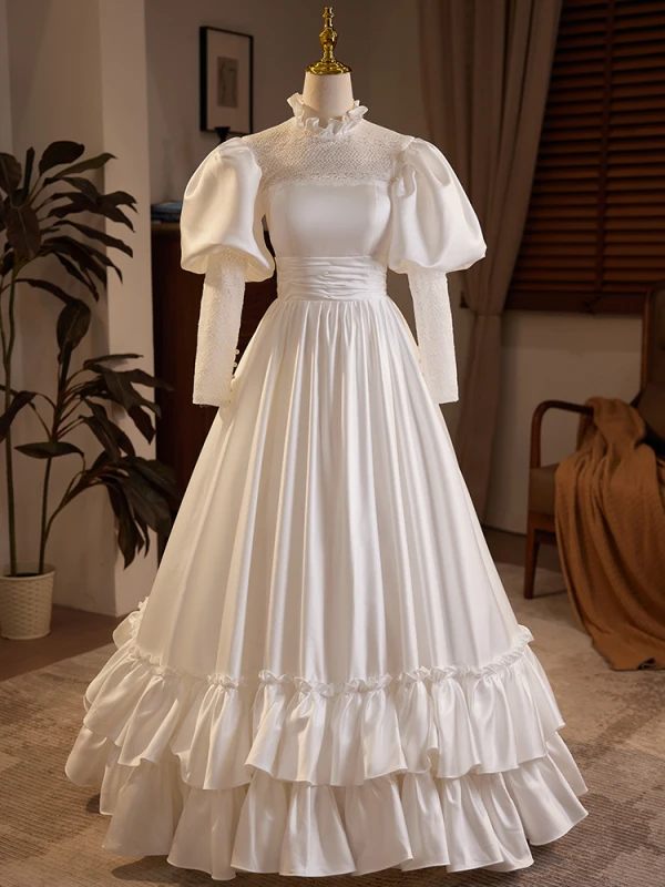 Medieval Vintage / Retro Ivory Satin Lace Wedding Dresses 2024 A-Line / Princess High Neck Puffy Short Sleeve Backless Floor-Length / Long Wedding