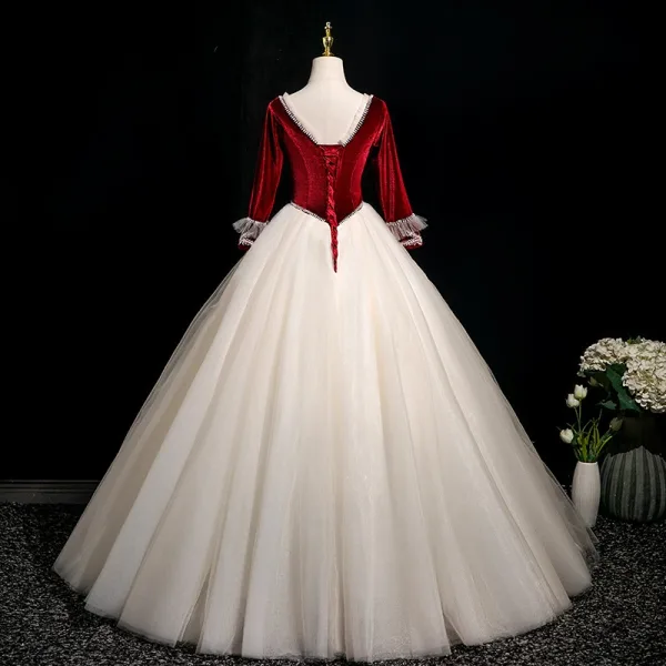 Elegant Burgundy Beading Sequins Lace Flower Appliques Prom Dresses 2025 Ball Gown Square Neckline 3/4 Sleeve Backless Floor-Length / Long Formal Dresses