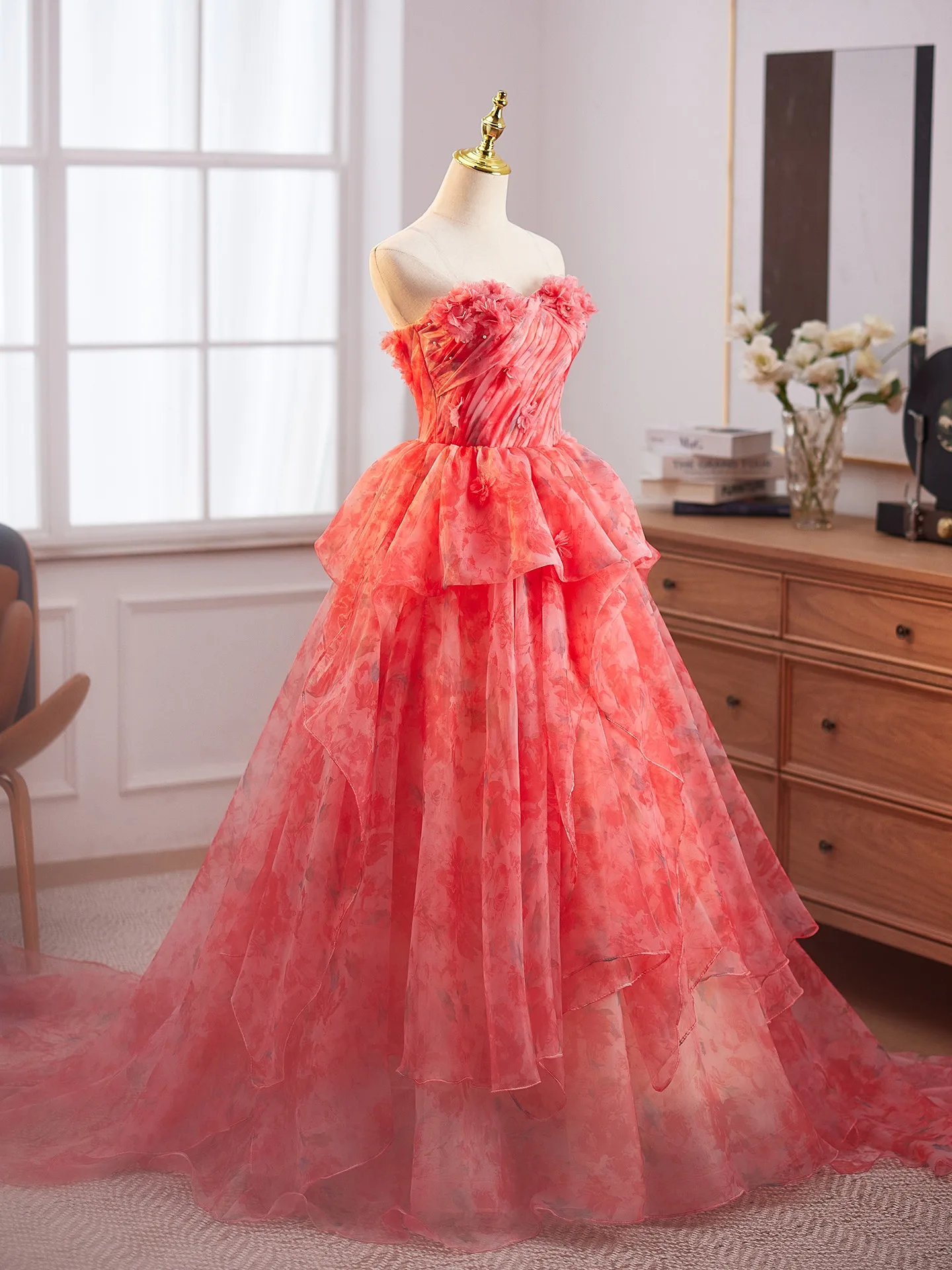 Fancy Watermelon Appliques Prom Dresses 2025 Ball Gown Strapless ...