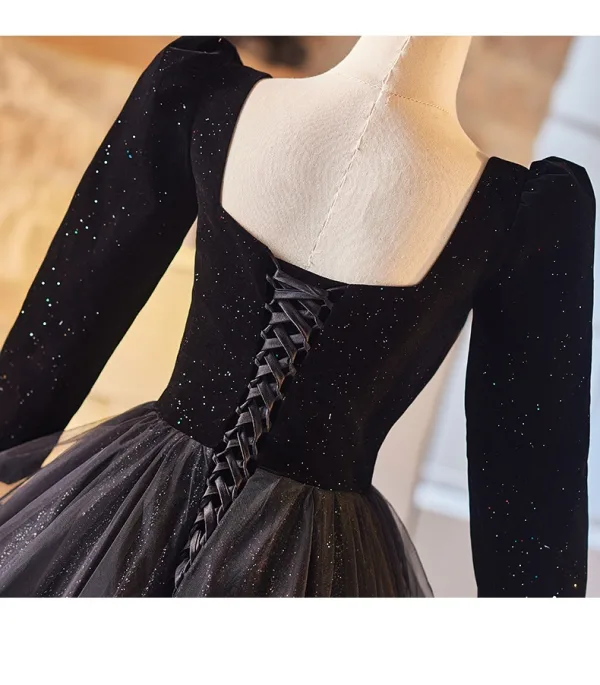 Audrey Hepburn Style Black Glitter Prom Dresses 2024 Ball Gown Square Neckline Long Sleeve Backless Floor-Length / Long Prom Formal Dresses