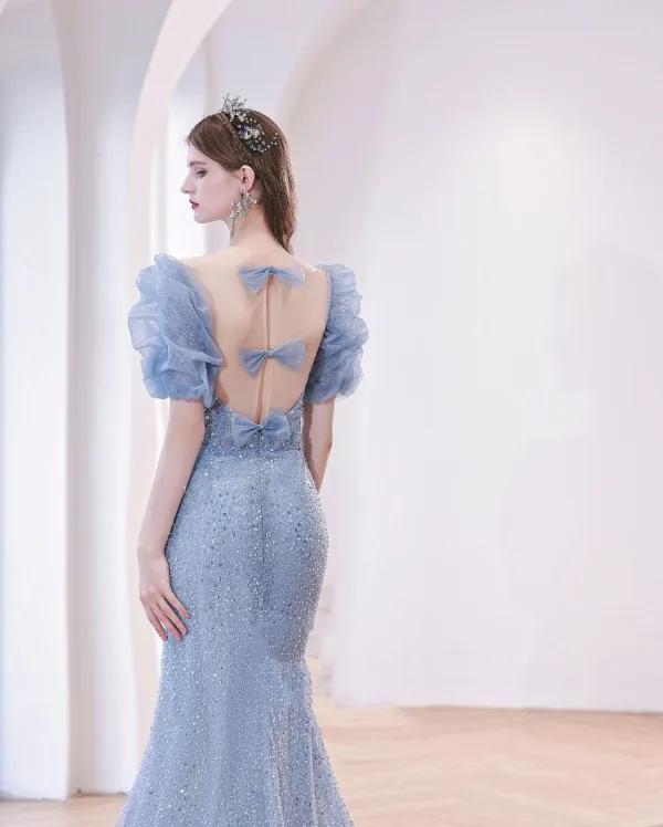 Charmant Bleu Ciel Perlage Robe De Bal 2022 Trompette / Sirène Encolure Carrée Volants Manches Courtes Noeud Longue Robe De Ceremonie