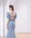 Charmant Bleu Ciel Perlage Robe De Bal 2022 Trompette / Sirène Encolure Carrée Volants Manches Courtes Noeud Longue Robe De Ceremonie