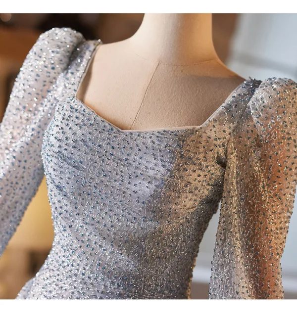 Bling Bling Silber Grau Pailletten Ballkleider 2024 A Linie Eckiger Ausschnitt Lange Ärmel Rückenfreies Lange Ball Festliche Kleider