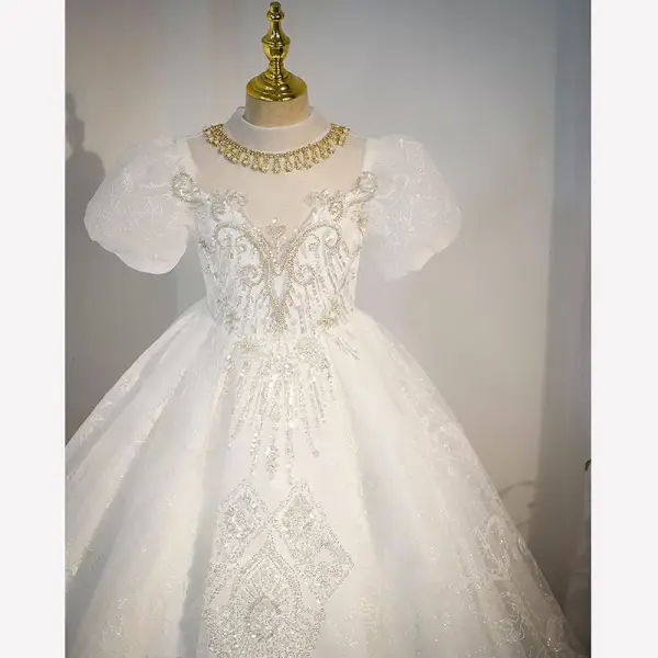 Charming White Rhinestone Sequins Pearl Birthday Flower Girl Dresses 2022 Ball Gown Scoop Neck Puffy Short Sleeve Floor-Length / Long Flower Girl Dresses