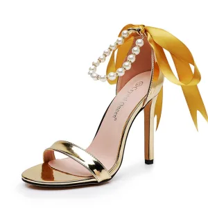 Sexy Gold Pearl Ankle Strap Bow Evening Party Womens Sandals 2024 11 Cm Stiletto Heels Open Peep Toe Sandals High Heels