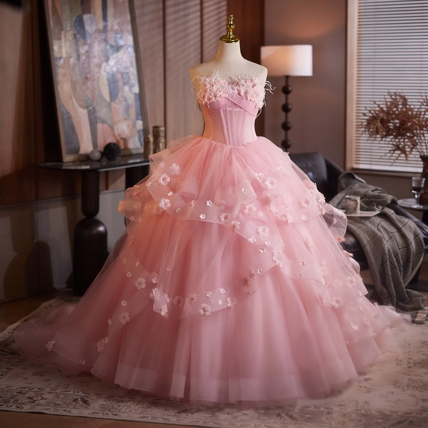 Flower Fairy Blushing Pink Pearl Appliques Prom Dresses 2025 Ball Gown Strapless Sweep