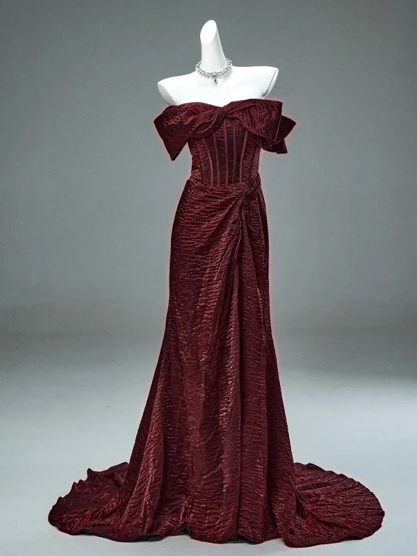 Haut de Gamme Charmant Bordeaux Trompette / Sirène Robe De Ceremonie 2025 De l'épaule Manches Courtes Dos Nu Train De Balayage Robe De Soirée