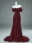 Haut de Gamme Charmant Bordeaux Trompette / Sirène Robe De Ceremonie 2025 De l'épaule Manches Courtes Dos Nu Train De Balayage Robe De Soirée