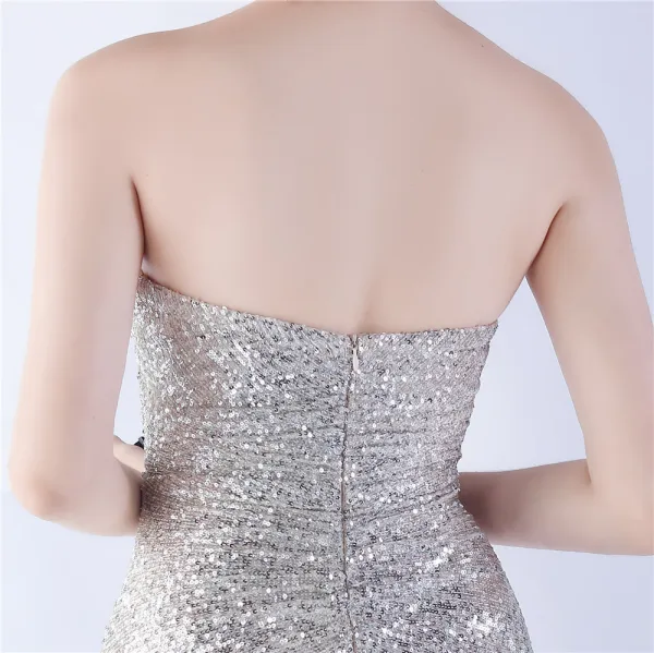 Sexy Argenté Paillettes Fendue devant Robe De Soirée 2024 Trompette / Sirène Bustier Sans Manches Dos Nu Longue Soirée Robe De Ceremonie