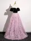 Classy Blushing Pink Tassel Ball Gown Prom Dresses 2025 Off-The-Shoulder Short Sleeve Backless Floor-Length / Long Prom Formal Dresses