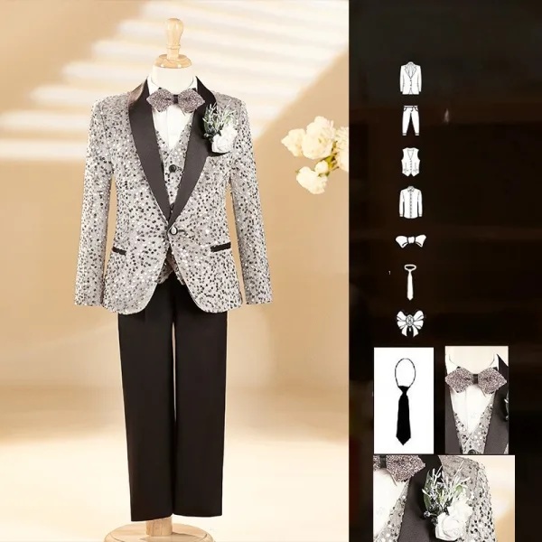 Bling Bling Grey Fall Winter 6-piece Sequins Long Sleeve Boys Wedding Suits 2025 Body Jewellery Coat Pants Shirt Tie Vest