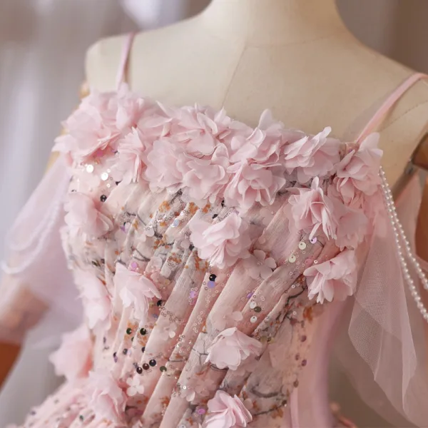 Chic / Beautiful Blushing Pink Appliques Beading Sequins Homecoming  Graduation Dresses 2025 Ball Gown Spaghetti Straps Sleeveless Backless  Short Formal Dresses