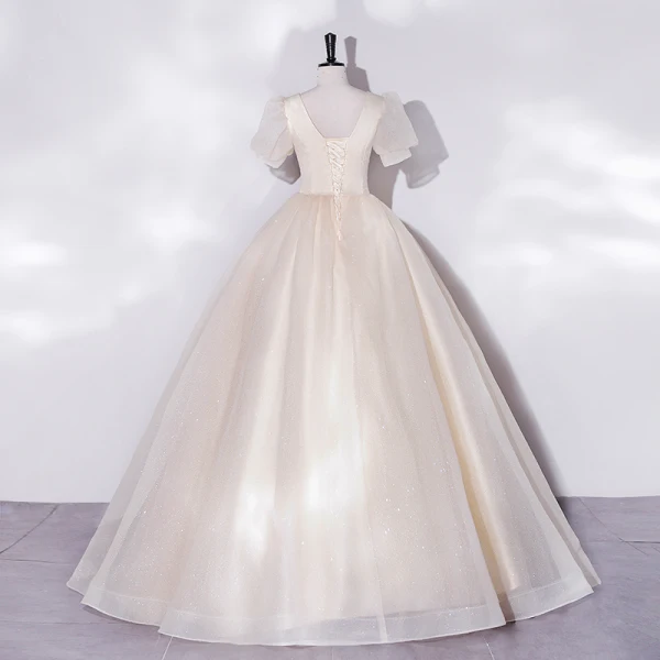 Bling Bling Champagne Sequins Prom Dresses 2022 Ball Gown Scoop Neck Puffy Short Sleeve Backless Floor-Length / Long Prom Formal Dresses
