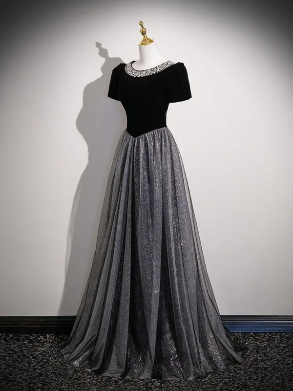 Bling Bling Black Sequins Prom Dresses 2026 A-Line / Princess Scoop Neck Short Sleeve Floor-Length / Long Tulle Formal Dresses