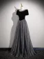 Bling Bling Black Sequins Prom Dresses 2026 A-Line / Princess Scoop Neck Short Sleeve Floor-Length / Long Tulle Formal Dresses