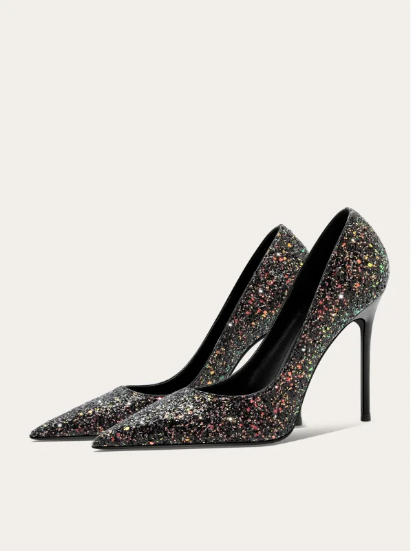 Sparkly Black Multi-Colors Sequins Evening Party Pumps 2025 10 cm Stiletto Heels Pointed Toe Pumps High Heels