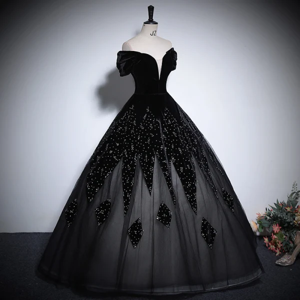 Vintage / Retro Black Rhinestone Prom Dresses 2024 Ball Gown Off-The-Shoulder Short Sleeve Backless Floor-Length / Long Prom Formal Dresses