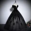 Vintage / Retro Black Rhinestone Prom Dresses 2024 Ball Gown Off-The-Shoulder Short Sleeve Backless Floor-Length / Long Prom Formal Dresses