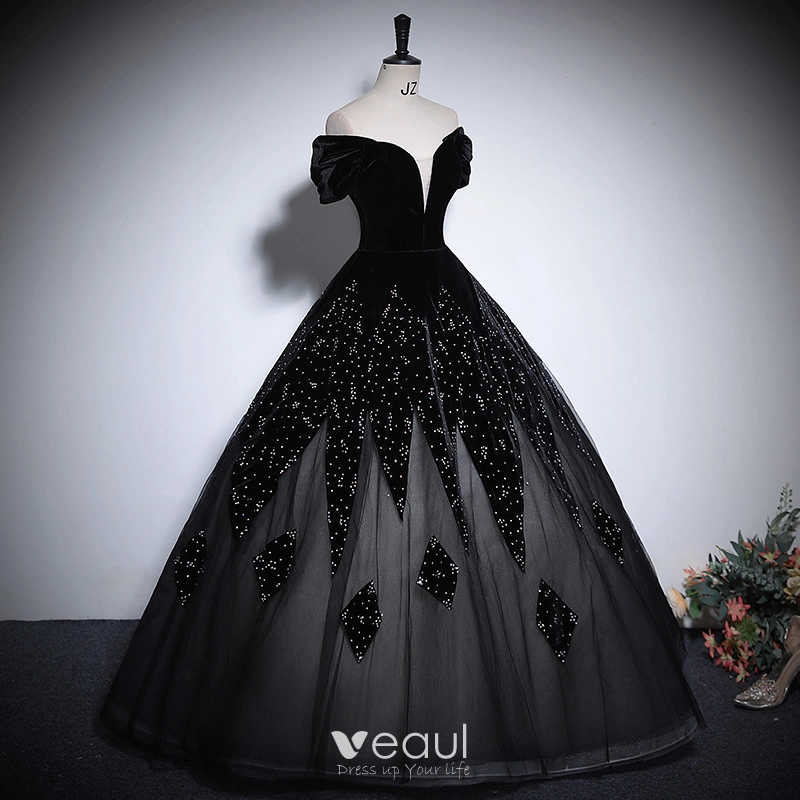 Vintage Retro Black Rhinestone Prom Dresses 2024 Ball Gown Off The Shoulder  Short Sleeve Backless Floor Length Long Prom Formal Dresses