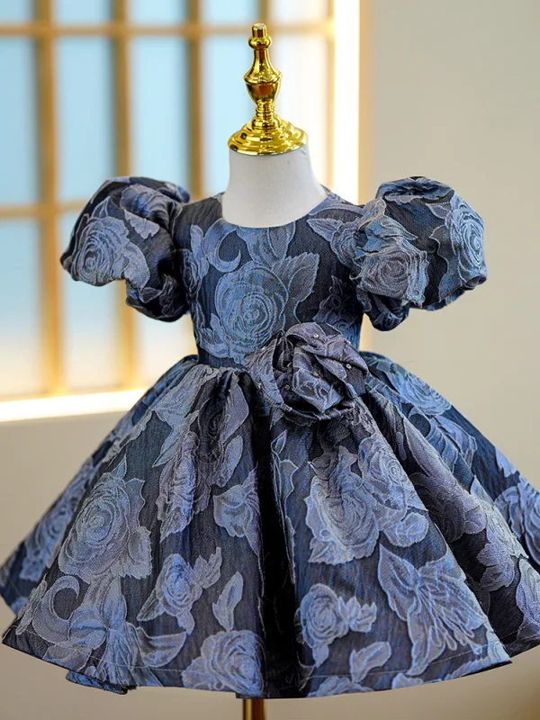Vintage / Retro Navy Blue Flower Birthday Short Flower Girl Dresses 2022 Ball Gown Scoop Neck Puffy Short Sleeve Flower Girl Dresses