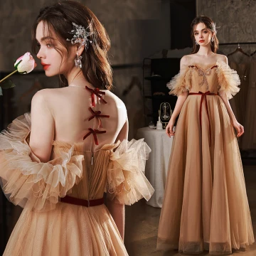 Mode Champagne Robe De Bal 2022 Princesse Encolure Dégagée Volants Manches Courtes Perlage Paillettes Dos Nu Ceinture Noeud Longue Robe De Ceremonie