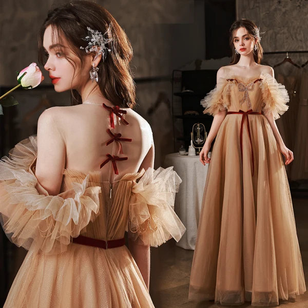 Fashion Champagne Prom Dresses 2022 A-Line / Princess Scoop Neck Ruffle Short Sleeve Beading Sequins Backless Sash Bow Floor-Length / Long Formal Dresses