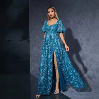 Vintage Originale Bleu En Dentelle Fleur Fendue Devant Robe De Bal 2025 Princesse Encolure Carrée Manches Courtes Longue Promo Robe De Ceremonie