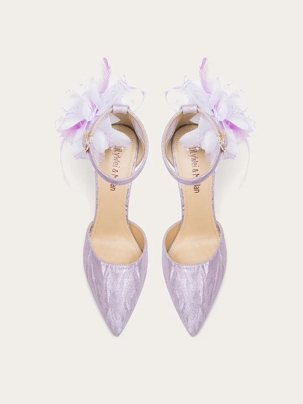 Charmant Lavendel Glans Appliques Bruidsschoenen 2023 Enkelband 10 cm Naaldhakken / Stiletto Spitse Neus Huwelijk Sandalen Hoge Hakken