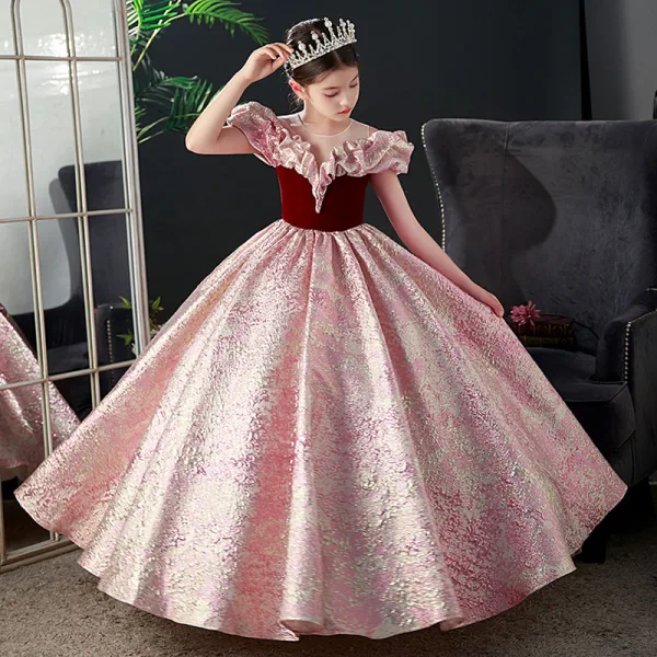 Elegant Burgundy Prom Flower Girl Dresses 2022 Ball Gown Ruffle Scoop Neck Sequins Short Sleeve Floor-Length / Long Flower Girl Dresses