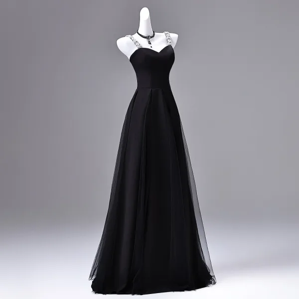 Audrey Hepburn-Stil Schwarz Strass Ballkleider 2026 A Linie Spaghettiträger Ärmellos Rückenfreies Lange Festliche Kleider