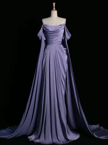 Sexy Lavande Satin Robe De Soirée Robe De Bal 2024 Trompette Sirène De L Épaule Sans Manches Dos Nu Train De Balayage Robe De Ceremonie