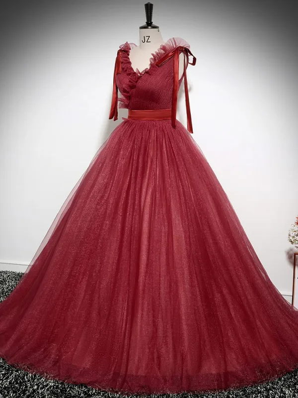 Chic / Beautiful Burgundy Floor-Length / Long Prom Dresses 2024 Ball Gown V-Neck Sleeveless Backless Prom Formal Dresses