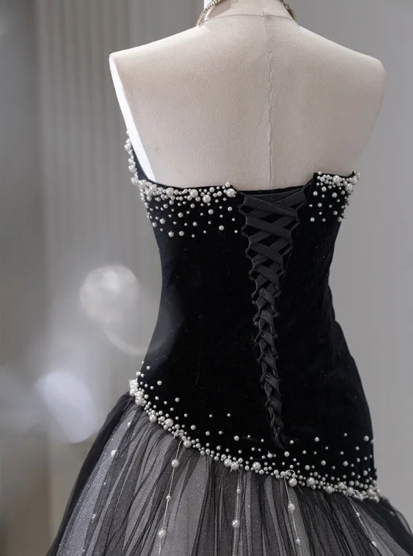Charmant Schwarz Perle Abendkleider 2026 Meerjungfrau Bandeau Ärmellos Rückenfreies Sweep / Pinsel Zug