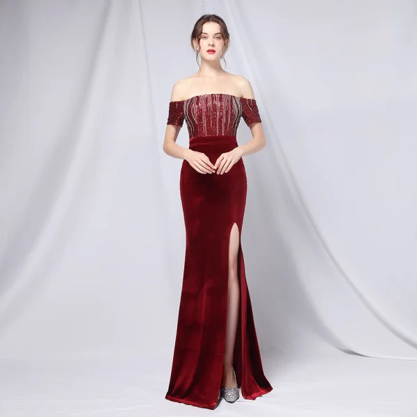 Sexy Black Sequins Evening Dresses 2022 Trumpet / Mermaid Off-The-Shoulder Short Sleeve Backless Split Front Floor-Length / Long Prom Formal Dresses