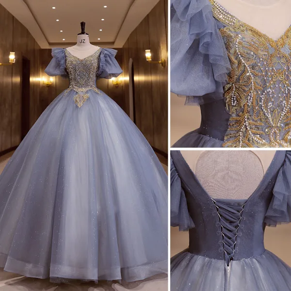 Elegante Himmelblau Perlenstickerei Perle Pailletten Ballkleider 2022 Ballkleid Rundhalsausschnitt Geschwollenes Kurze Ärmel Rückenfreies Lange Festliche Kleider