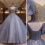 Elegante Himmelblau Perlenstickerei Perle Pailletten Ballkleider 2022 Ballkleid Rundhalsausschnitt Geschwollenes Kurze Ärmel Rückenfreies Lange Festliche Kleider