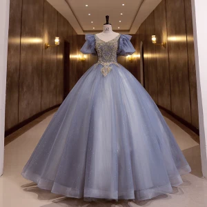 Elegantes Azul Cielo Rebordear Perla Lentejuelas Vestidos De Gala 2022 Ball Gown Scoop Escote Hinchado Manga Corta Sin Espalda Largos Vestidos Formales