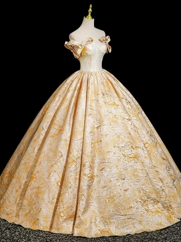 Elegant Gold Printing Prom Dresses 2025 A-Line / Princess Off-The-Shoulder Short Sleeve Backless Floor-Length / Long Formal Dresses