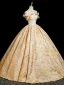 Elegant Gold Printing Prom Dresses 2025 A-Line / Princess Off-The-Shoulder Short Sleeve Backless Floor-Length / Long Formal Dresses