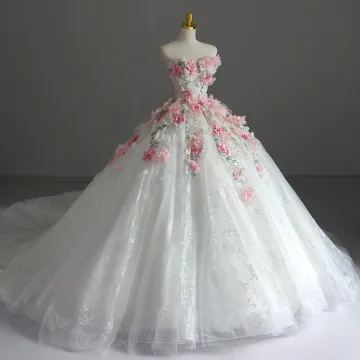 Hada De Las Flores Blanco Apliques Con Encaje Flor Vestidos De Novia 2025 Ball Gown Sin Tirantes Sin Mangas Sin Espalda Colas De La Corte Boda
