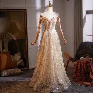 Scintillantes Champagne Perlage Paillettes Robe De Bal 2025 Princesse Bustier Sans Manches Dos Nu Longue Tulle Robe De Ceremonie