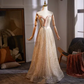 Glitter Champagne Kralen Pailletten Galajurken 2025 A Lijn Strapless Mouwloos Ruglooze Lange Tule Gelegenheid Jurken